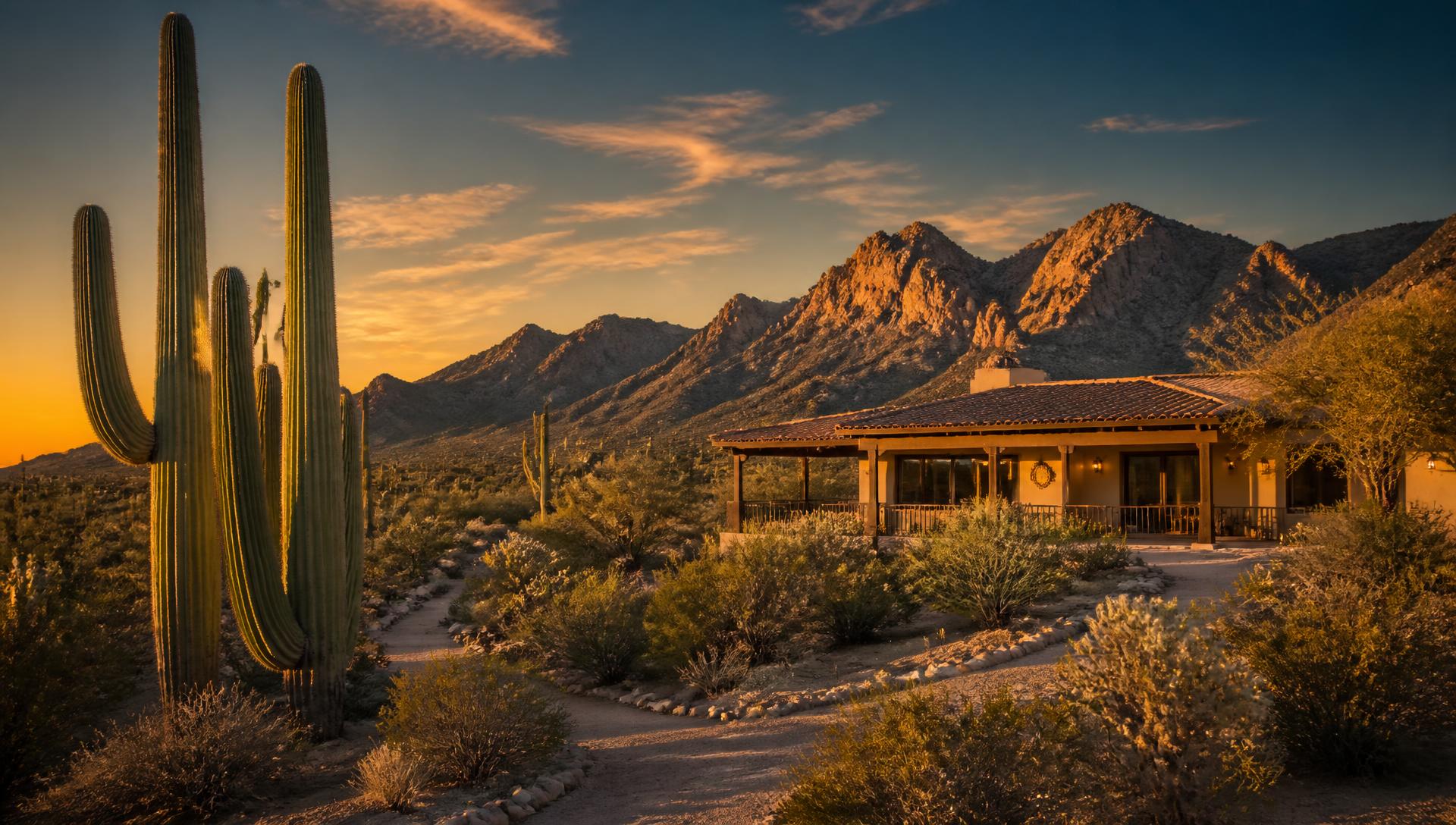 Beautiful Arizona saguaro desert landscape with a ranch-style home at sunset